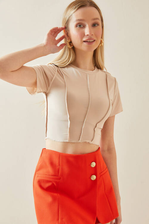 Krem Bisiklet Yaka Likralı Crop Basic Bluz 5YXK2-48069-22 - 7