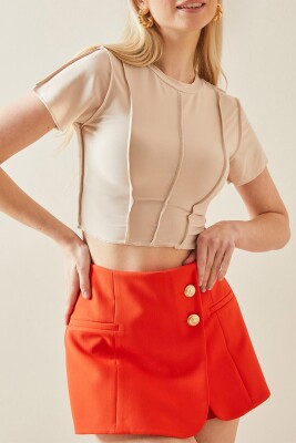 Krem Bisiklet Yaka Likralı Crop Basic Bluz 5YXK2-48069-22 