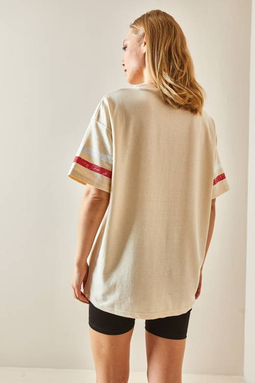 Krem Bisiklet Yaka Önü Baskılı Oversize Tişört 4KXK1-47926-22 - 5