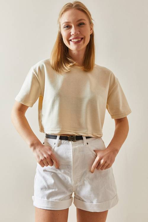 Krem Bisiklet Yaka Oversize Crop Tişört 4KXK1-47899-22 - 2