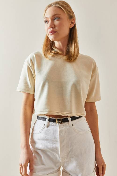 Krem Bisiklet Yaka Oversize Crop Tişört 4KXK1-47899-22 - 3