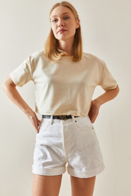 Krem Bisiklet Yaka Oversize Crop Tişört 4KXK1-47899-22 - 4