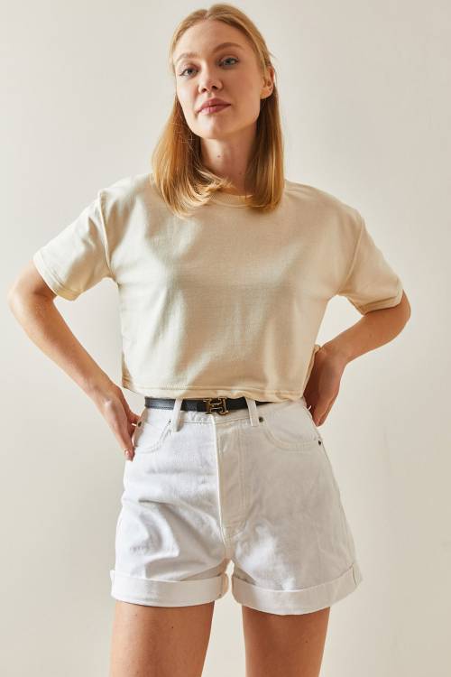 Krem Bisiklet Yaka Oversize Crop Tişört 4KXK1-47899-22 - 4