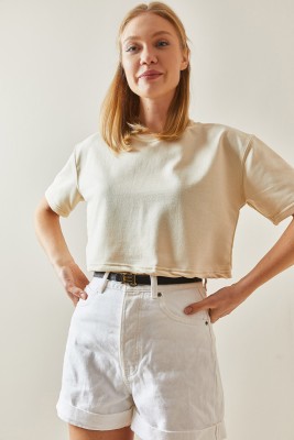 Krem Bisiklet Yaka Oversize Crop Tişört 4KXK1-47899-22 - 5