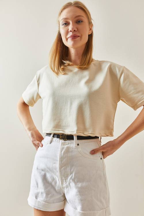 Krem Bisiklet Yaka Oversize Crop Tişört 4KXK1-47899-22 - 5