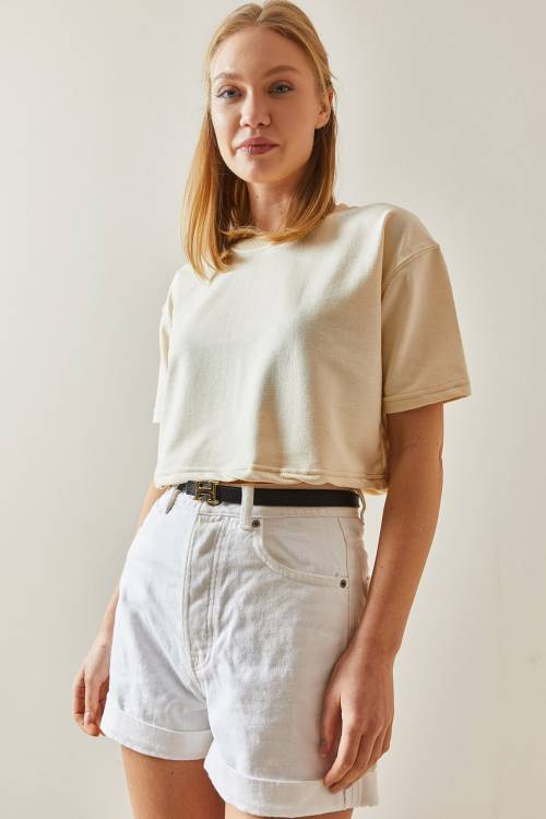 Krem Bisiklet Yaka Oversize Crop Tişört 4KXK1-47899-22 - 6