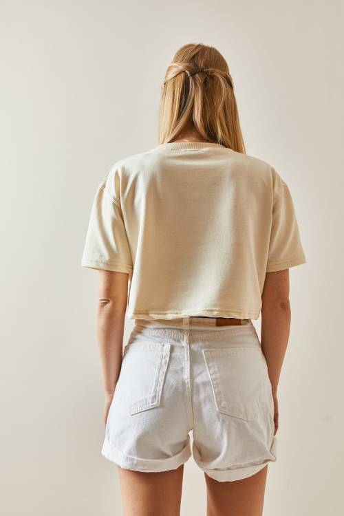 Krem Bisiklet Yaka Oversize Crop Tişört 4KXK1-47899-22 - 7
