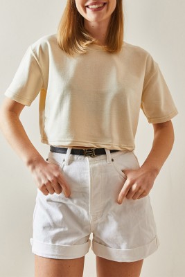Krem Bisiklet Yaka Oversize Crop Tişört 4KXK1-47899-22 - 1
