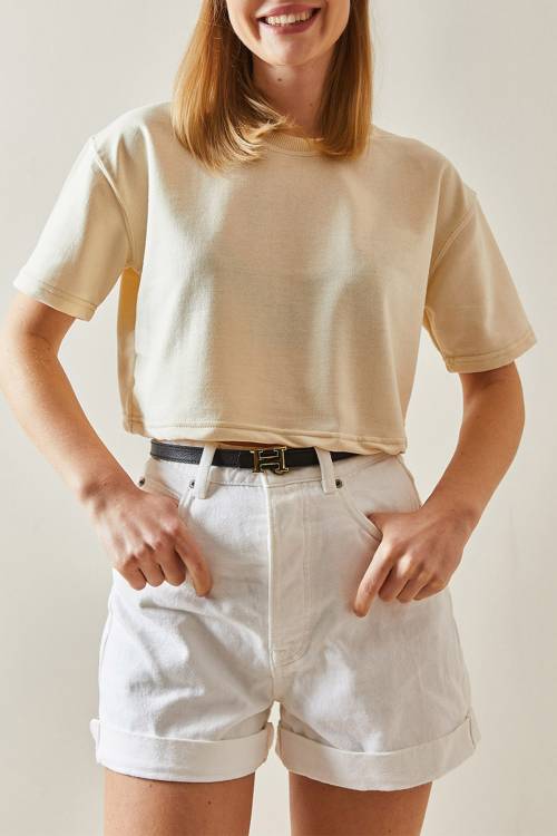 Krem Bisiklet Yaka Oversize Crop Tişört 4KXK1-47899-22 - 1