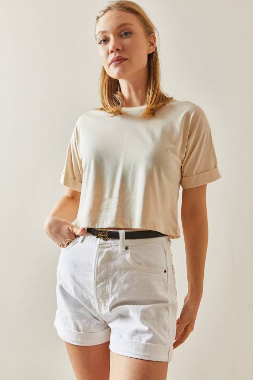 Krem Bisiklet Yaka Oversize Kolları Katlı Crop Tişört 4KXK1-47900-22 - 2