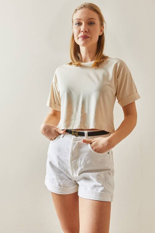 Krem Bisiklet Yaka Oversize Kolları Katlı Crop Tişört 4KXK1-47900-22 - 3
