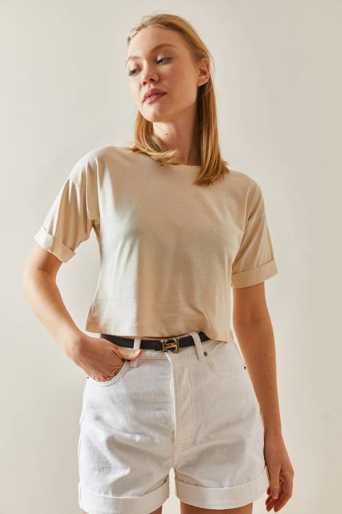 Krem Bisiklet Yaka Oversize Kolları Katlı Crop Tişört 4KXK1-47900-22 - 4