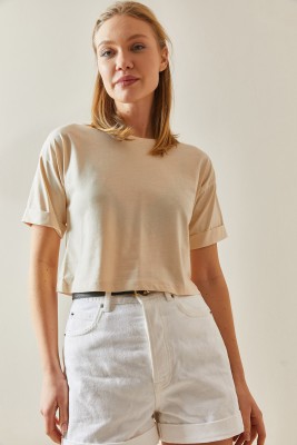 Krem Bisiklet Yaka Oversize Kolları Katlı Crop Tişört 4KXK1-47900-22 - 5