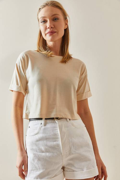Krem Bisiklet Yaka Oversize Kolları Katlı Crop Tişört 4KXK1-47900-22 - 5