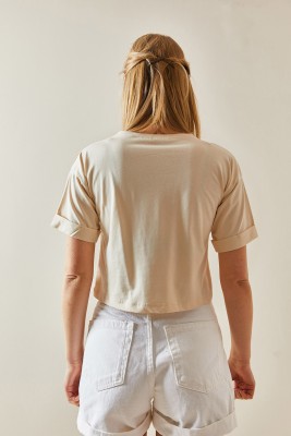 Krem Bisiklet Yaka Oversize Kolları Katlı Crop Tişört 4KXK1-47900-22 - 6