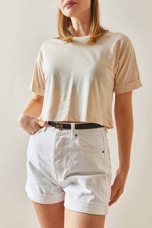 Krem Bisiklet Yaka Oversize Kolları Katlı Crop Tişört 4KXK1-47900-22 - 1
