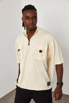 XHAN - Krem Fermuar & Cep Detaylı Oversize T-Shirt 1YXE1-45085-22