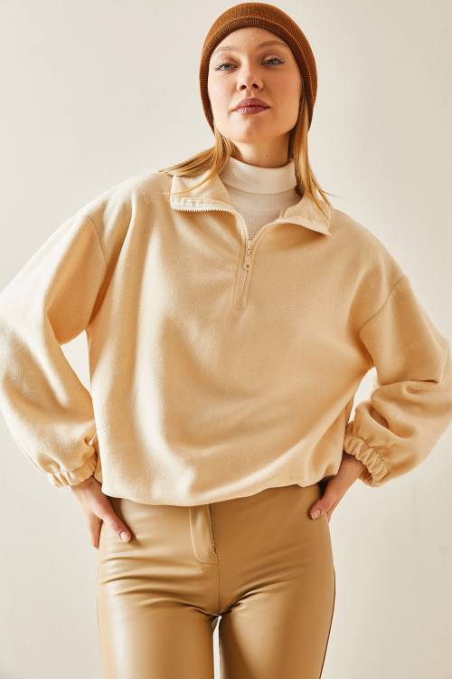 Krem Fermuarlı Dik Yaka Polar Sweatshirt 4KXK8-47854-22 - 2