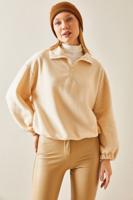 Krem Fermuarlı Dik Yaka Polar Sweatshirt 4KXK8-47854-22 - 3