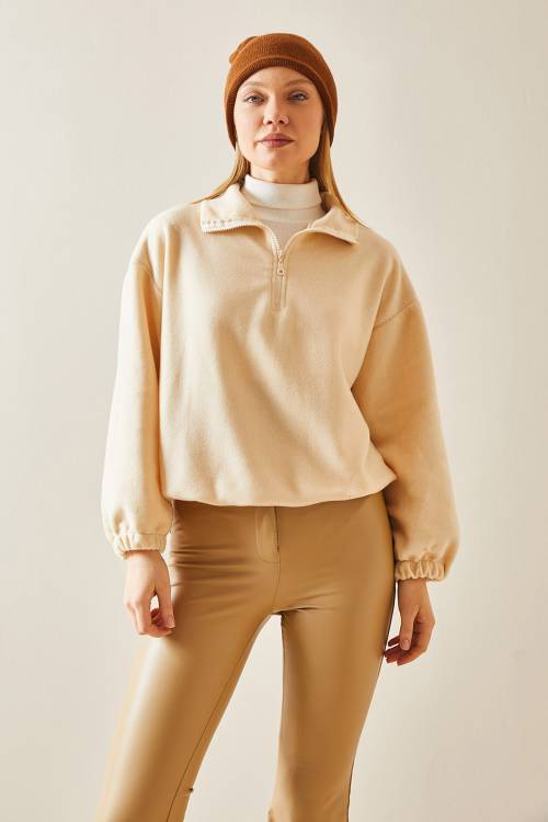 Krem Fermuarlı Dik Yaka Polar Sweatshirt 4KXK8-47854-22 - 4