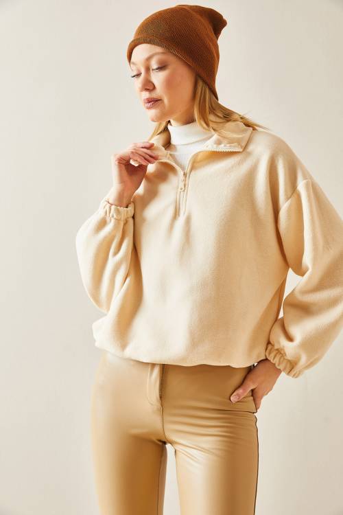 Krem Fermuarlı Dik Yaka Polar Sweatshirt 4KXK8-47854-22 - 5
