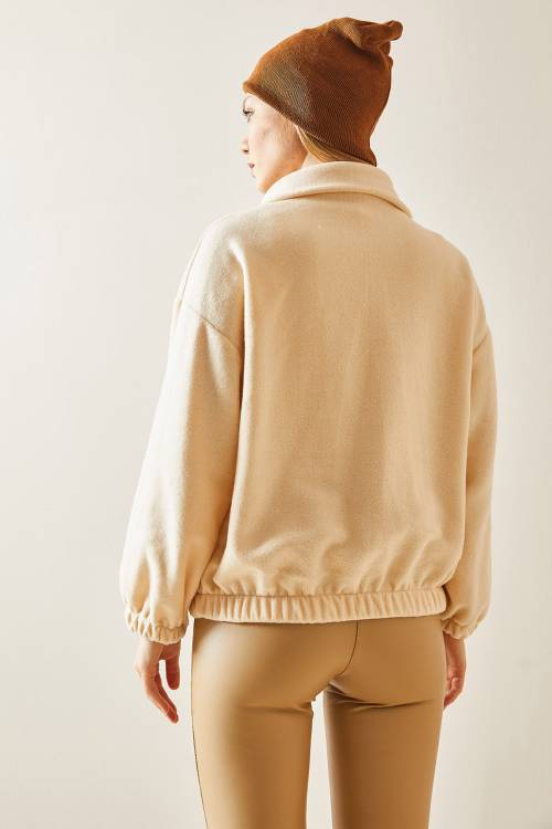 Krem Fermuarlı Dik Yaka Polar Sweatshirt 4KXK8-47854-22 - 7