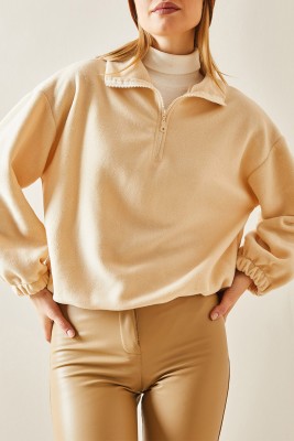 Krem Fermuarlı Dik Yaka Polar Sweatshirt 4KXK8-47854-22 