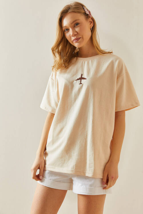Krem Figür Detaylı Bisiklet Yaka Oversize Tişört 5YXK1-48003-22 - 5