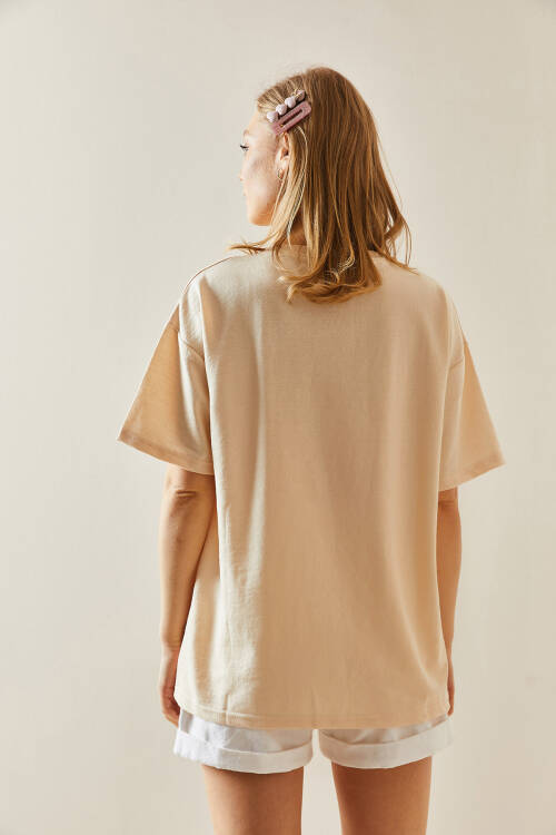 Krem Figür Detaylı Bisiklet Yaka Oversize Tişört 5YXK1-48003-22 - 6