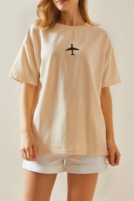 Krem Figür Detaylı Bisiklet Yaka Oversize Tişört 5YXK1-48003-22 