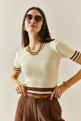 Krem Kısa Kollu Triko Bluz 5YXK2-48343-22 - 3