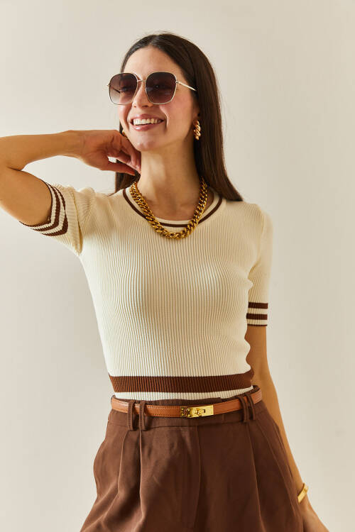 Krem Kısa Kollu Triko Bluz 5YXK2-48343-22 - 6