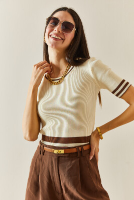 Krem Kısa Kollu Triko Bluz 5YXK2-48343-22 - 7