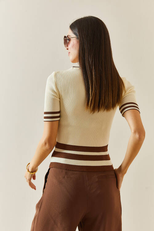Krem Kısa Kollu Triko Bluz 5YXK2-48343-22 - 8