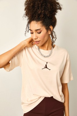 Krem Önü Baskılı Oversize Basic Tişört 2YXK1-46151-22 - XHAN