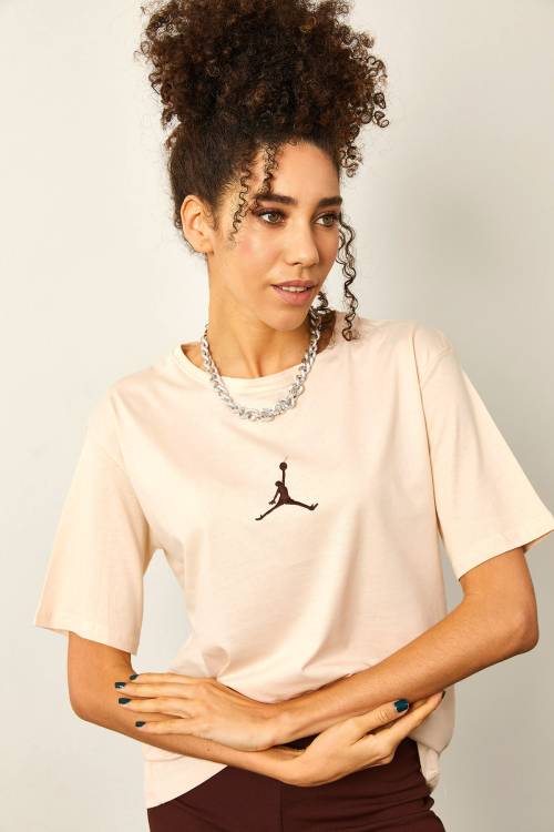 Krem Önü Baskılı Oversize Basic Tişört 2YXK1-46151-22 - 2