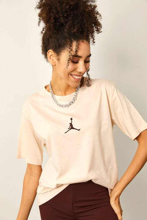 Krem Önü Baskılı Oversize Basic Tişört 2YXK1-46151-22 - 3