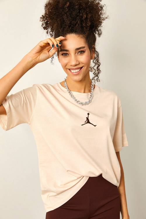 Krem Önü Baskılı Oversize Basic Tişört 2YXK1-46151-22 - 4