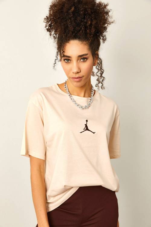 Krem Önü Baskılı Oversize Basic Tişört 2YXK1-46151-22 - 6