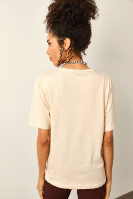 Krem Önü Baskılı Oversize Basic Tişört 2YXK1-46151-22 - 7