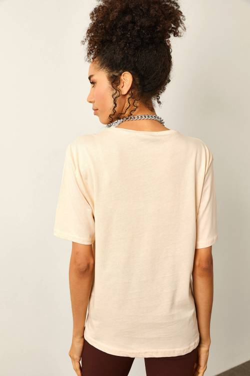 Krem Önü Baskılı Oversize Basic Tişört 2YXK1-46151-22 - 7
