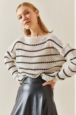 Krem Oversize Delikli & Çizgili Salaş Kazak 4KXK3-47737-22 - 5