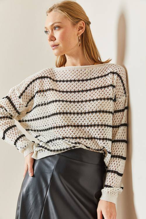 Krem Oversize Delikli & Çizgili Salaş Kazak 4KXK3-47737-22 - 6
