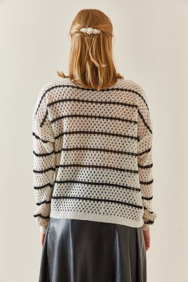 Krem Oversize Delikli & Çizgili Salaş Kazak 4KXK3-47737-22 - 7