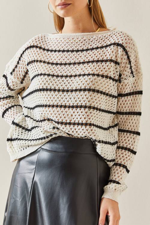Krem Oversize Delikli & Çizgili Salaş Kazak 4KXK3-47737-22 - 1