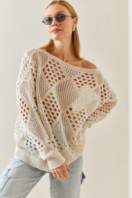 Krem Oversize Delikli Salaş Kazak 4KXK3-47736-22 - 2
