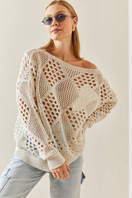 Krem Oversize Delikli Salaş Kazak 4KXK3-47736-22 - 2