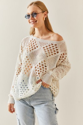 Krem Oversize Delikli Salaş Kazak 4KXK3-47736-22 - 3