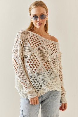 Krem Oversize Delikli Salaş Kazak 4KXK3-47736-22 - 4