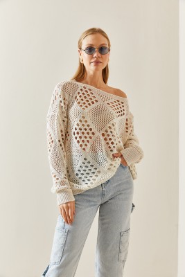 Krem Oversize Delikli Salaş Kazak 4KXK3-47736-22 - 5